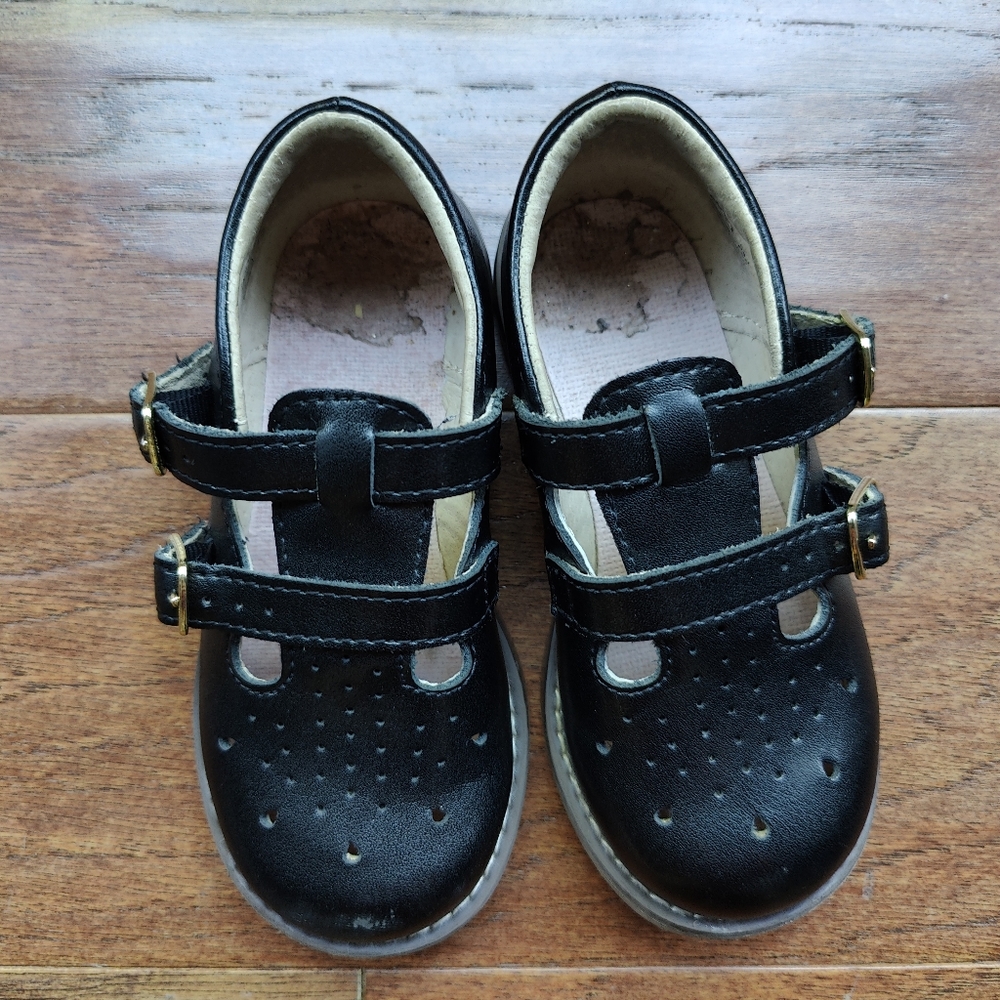 Footmates Black Leather Double T-Bar Shoes
